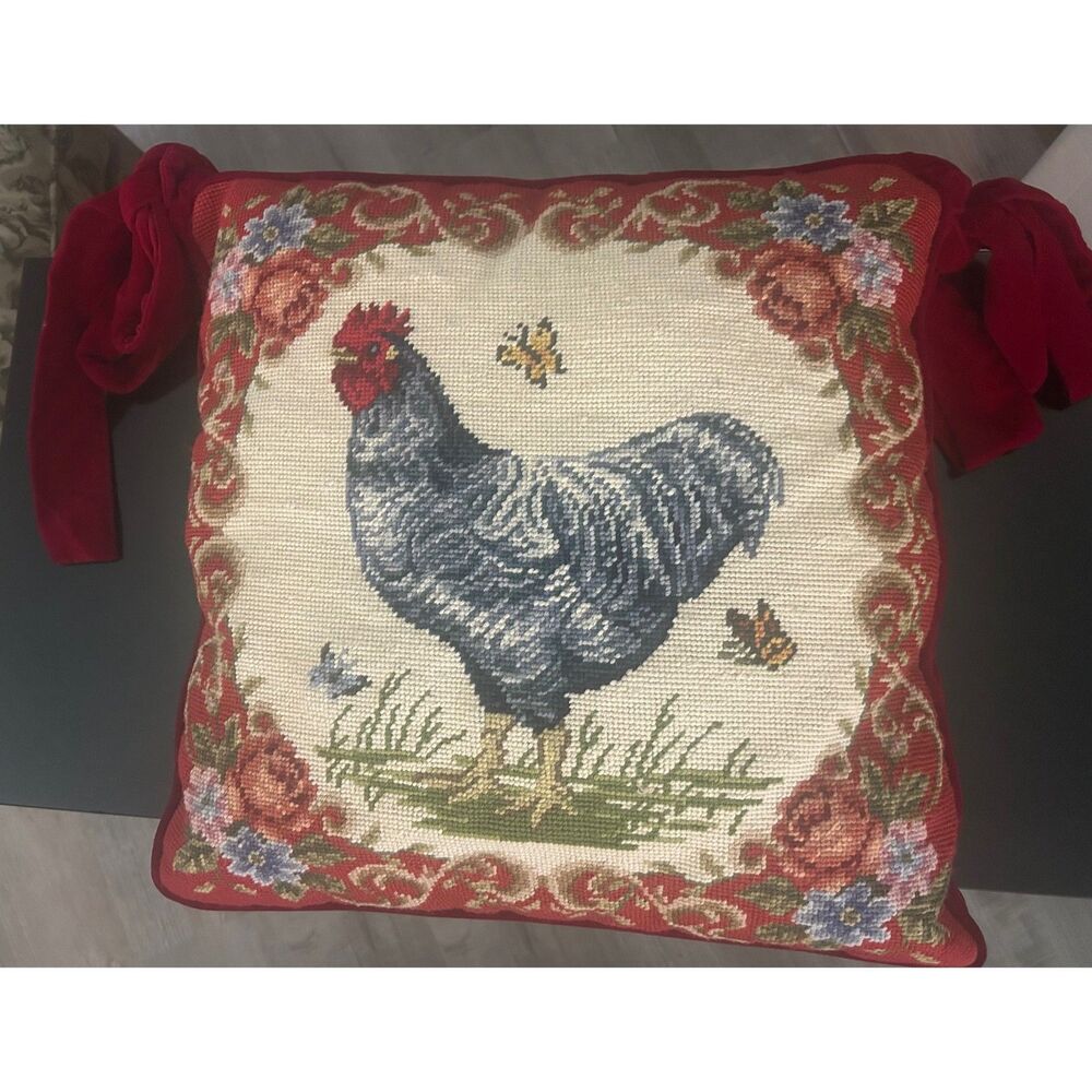 Farm House Velvet and Needle Point Rooster Pillow